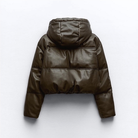 ZARA BROWN CROPPED FAUX LEATHER PUFFER JACKET ✨️SIZE XXL✨️ - Picture 4 of 9